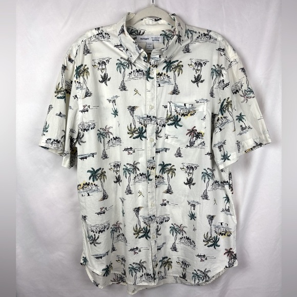 Old‎ Navy Button Up Mens XL Hawaiian Shirt Linen White Resort Wear Island Vibes - Picture 1 of 10